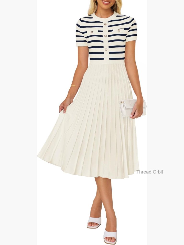 Striped Midi Dress Crewneck Short Sleeve Button Ribbed Knit Swing A Line Pleated